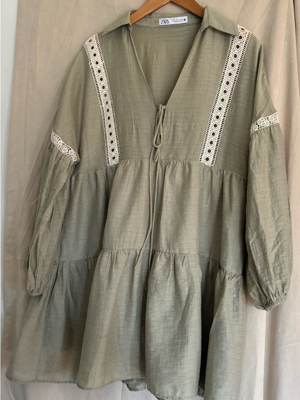Zara Olive Green Long Sleeve Tiered Mini Dress - Picture 4 of 8